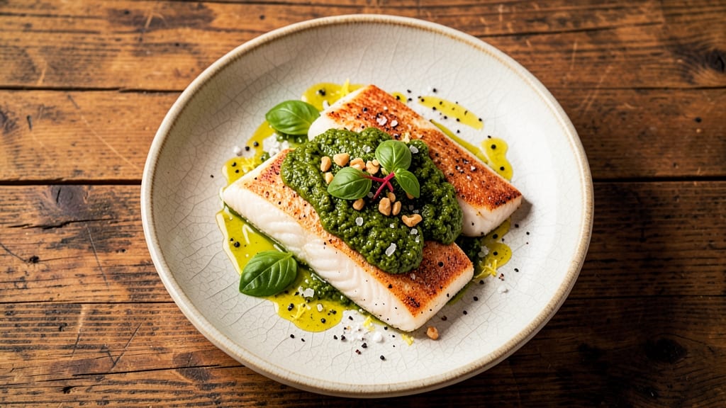 Fish with Pesto Sauce Recipe: Basil-Pine Nut Crust Over Flaky White Fish